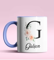 Kişiye Özel G Harfi Temalı Gül Tasarım Siyah Renk Kupa (Mavi)