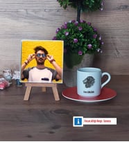 Aslan Fotoğraflı Dekoratif Taş, Ahşap Altlıklı Türk Kahvesi Fincanı Hediye (Model 8)