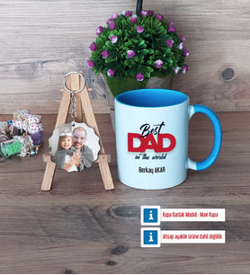 Babaya Hediye Kupa Bardak Beyaz ve Fotoğraflı Ahşap Anahtarlık Hediye Babaya Doğum Günü Hediyesi (Model 4)