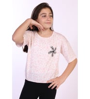Toontoy Kız Çocuk Yazılı Çiçek Baskılı Tişört (Pudra)