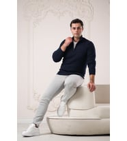 Slimfit Balıkçı Fermuarlı Yaka Örme Triko Yünlü Erkek Kazak (Lacivert)