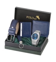 Polo Air Erkek Kol Saati Anahtarlık Cüzdan Kemer Kartlık Kombin Set PL-0913E (Gümüş-Lacivert)