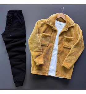 Peluş Polar Hırka Gömlek Gri Eşofman Altı Takım (Taba - Siyah)
