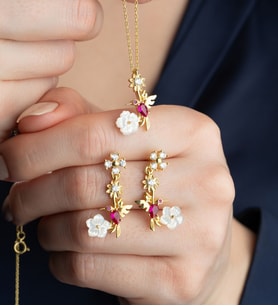 925 Ayar Gümüş Sedefli Arı Kuşu Kolye Küpe Seti (Gold)