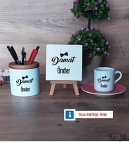Damat Hediye Seti Dekoratif Taş, Kalemlik, Ahşap Altlıklı Türk Kahvesi Fincanı Hediye (Model 6)