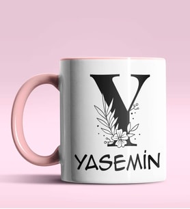 Kişiye Özel Y Harfi Romantik Tasarım Siyah Renk Kupa (Pembe)