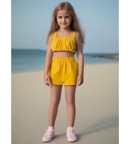 Kız Bebek Düz Renk Crop Şort Set (Sarı)