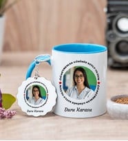 Öğretmenler Gününe Özel Fotoğraflı Kupa Bardak ve Anahtarlık (Mavi)