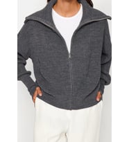 Kadın Modern Tarz Oversize Devrik Yaka Regular Triko Hırka (Antrasit)