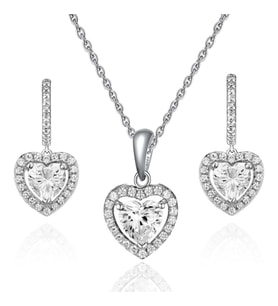 Yantra Silver 925 Ayar Gümüş Kalpli Zirkon Taşlı Sallantılı Kolye ve Küpe Seti (Beyaz)