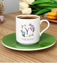 Kişiye Özel Çiçekli Y Harfli Türk Kahvesi Fincanı İsim Soyisim Yazılı (Yeşil)