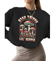 erkek bisiklet yaka kalın unisex Bej Sweatshirt 3 iplik şardonlu Boho groovy mantar konaklaması (Siyah)