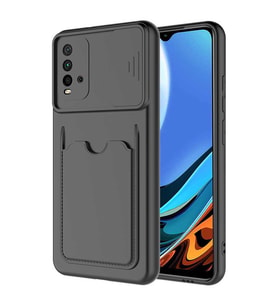 Xiaomi Poco M3 Kılıf Kartlıklı Lens Kapatmalı Kapak (Siyah)