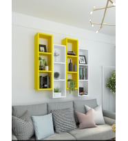Kitaplık Modern Duvar Rafı Siyah Beyaz 4 Lü Takım (Sarı-Beyaz)