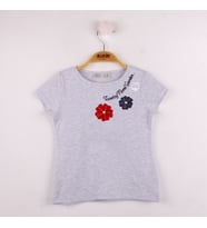 Toontoy Kız Çocuk Çiçek Nakışlı Tişört (Gri)