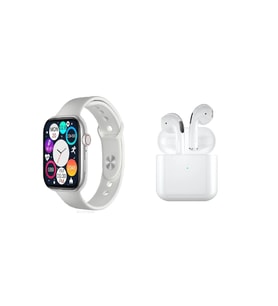 Xiaomi Redmi Note 9 Pro Max Uyumlu Watch 7 Series Akıllı Saat Smartwatch Ve Pro 5 Kablosuz Bluetooth Kulaklık İkili Paket (Gümüş)