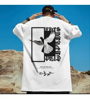 AMOR MAN ÖZEL TASARIM BEYAZ GÜVERCİN SIRT BASKILI OVERSİZE SOKAK MODASI ERKEK T-SHIRT (Beyaz)