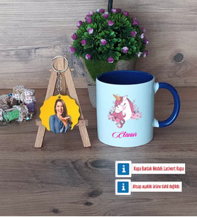 Unicorn Kupa Bardak Beyaz ve Fotoğraflı Ahşap Anahtarlık Hediye (Model 3)