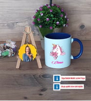 Unicorn Kupa Bardak Beyaz ve Fotoğraflı Ahşap Anahtarlık Hediye (Model 3)