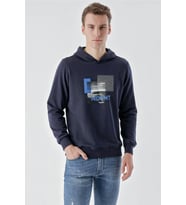 Slimfit Kapşonlu Önü Baskılı 2 İplik Erkek Sweatshirt (Lacivert)