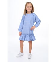 Toontoy Kız Çocuk Reglan Kol Fırfır Büzgülü Elbise (Mavi)