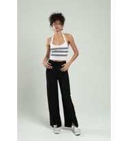 Sifu Tekstil Kadın Spor Kendinden Askılı Çizgili Fitil Örgülü Triko Badi Büstiyer Crop Top SFYZ1015 (Beyaz-Siyah)