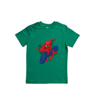 Spiderman baskılı örümcek adam pamuklu penye kumaş yazlık çocuk tişört (Yeşil)
