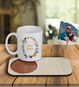 Kişiye Özel Tasarım Kupa Bardak Ve Fotoğraflı Notluk Ahşap Bardak Altlığı 100926 (Mavi)