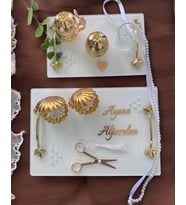 Adore Gold Beyaz İncili Söz Tepsisi Nişan Tepsisi ve Damat Kahve Fincan Tepsisi (Gri)