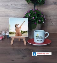 Resim Öğretmeni Fotoğraflı Dekoratif Taş, Ahşap Altlıklı Türk Kahvesi Fincanı Hediye (Model 8)