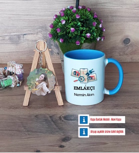 Emlakçı Kupa Bardak Beyaz ve Fotoğraflı Ahşap Anahtarlık Hediye (Model 4)