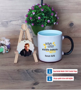 Doğum Günü Hediyesi Kupa Bardak Beyaz ve Fotoğraflı Ahşap Anahtarlık Hediye (Model 9)
