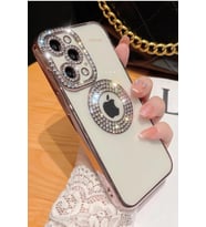 Apple iPhone 12 Pro Kılıf Şeffaf Lüx Taşlı Süslemeli Kamera Korumalı Silikon (Rose)