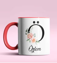 Kişiye Özel Ö Harfi Temalı Gül Tasarım Siyah Renk Kupa (Kırmızı)