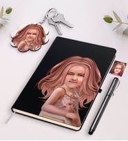 BK Gift Kişiye Özel Kız Çocuk İllüstrasyon Tasarımlı Beyaz Defter Kalem Ve Anahtarlık Hediye Seti-3 (Model 2)