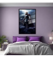 Metal Çerçeveli Cam Tablo Film Karakteri Thor ve Çekiç Portresi (Siyah)