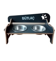 RealWood Özel İsim Baskılı, Ahşap, Kademeli, Eğimli, Çelik Kaseli, Kedi-Köpek Mama ve Su Kabı Stantı (Antrasit)
