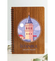 İstanbul Galata Kulesi Şehir Tasarım Ahşap Kapaklı Özel Defter Kraft Kâğıt (Ceviz Rengi)