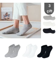 Unisex Düz Desen (3 ÇİFT) Pamuklu Terletmez Yazlık Görünmez Çorap Seti (BEYAZGRI-SIYAH)