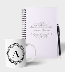 Kişiye Özel Ahşap İsimli ve Harfli Renkli Defter Kalem Kupa Hediye Seti (Model 8)