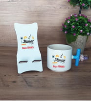 Mimar Hediye Sepeti Kupa Bardak T Kulplu ve Ahşap Telefon Standı Mimarlar Günü Hediyesi (Model 3)