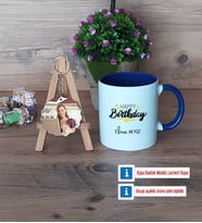 Happy Birthday Kupa Bardak Beyaz ve Fotoğraflı Ahşap Anahtarlık Hediye (Model 3)