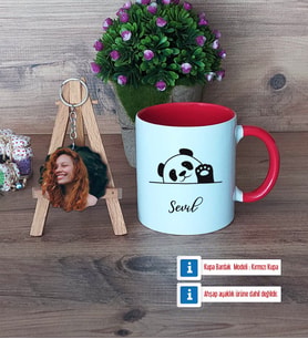 Sevimli Panda Kupa Bardak Beyaz ve Fotoğraflı Ahşap Anahtarlık Hediye (Model 2)