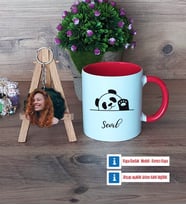 Sevimli Panda Kupa Bardak Beyaz ve Fotoğraflı Ahşap Anahtarlık Hediye (Model 2)