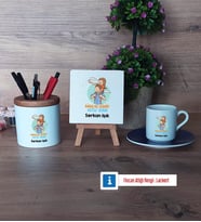Babalar Günü Hediyesi Hediye Seti Dekoratif Taş, Kalemlik, Ahşap Altlıklı Türk Kahvesi Fincanı Hediye Babaya Hediye (Model 4)
