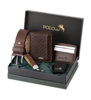 Polo Air Dama Desen Cüzdan Kendinden Kartlık Kemer Anahtarlık ve Çakmak Kombin CHM-13 (Kahverengi)