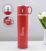 Kişiye Özel Bardaklı 580 ML Çelik Termos (Kırmızı)