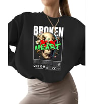 bisiklet yaka Sweatshirt kalın unisex 3 iplik şardonlu kadın Sweatshirt Kırık kalp Baskılı Bej erkek (Siyah)