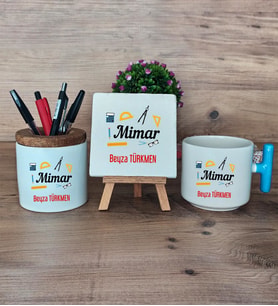 Mimar Hediye Sepeti Kupa Bardak T Kulplu, Kalemlik ve Dekoratif Taş Mimarlar Günü Hediyesi (Model 3)