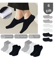 Unisex Düz Desen (6 ÇİFT) Pamuklu Beden Mevsimlik Terletmez Görünmez Çorap (BEYAZGRI-SIYAH)